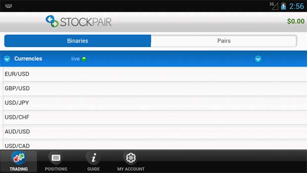 StockPair Mobile Binary Options Trading Screenshot 1