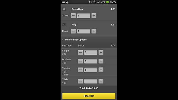 Bet365 Mobile Sportsbook Bet Slip Screenshot
