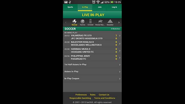 Bet365 Mobile Sportsbook Live In-Play Lobby Screenshot