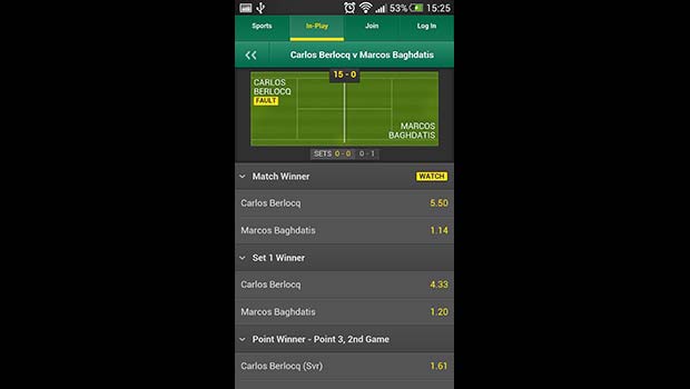 Bet365 Mobile Sportsbook Live In-Play Tennis Screenshot