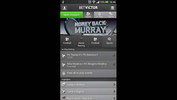 BetVictor Mobile Sportsbook Lobby Screenshot