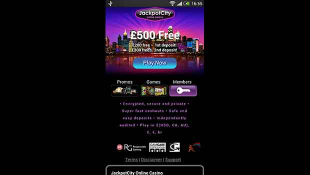 JackpotCity Mobile Casino Landing Page Screenshot