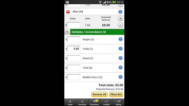 Paddy Power Mobile Sportsbook Bet Slip Screenshot