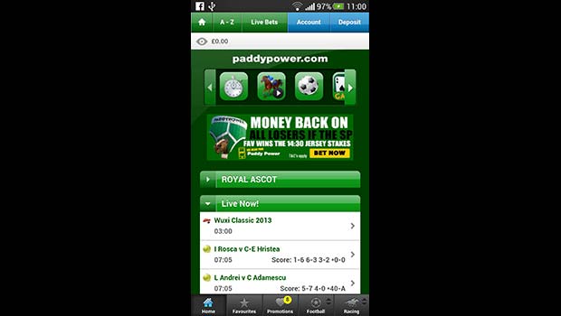 Paddy Power Mobile Sportsbook Lobby Screenshot