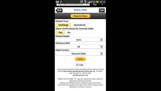 WBX Betting Exchange Settings Screenshot