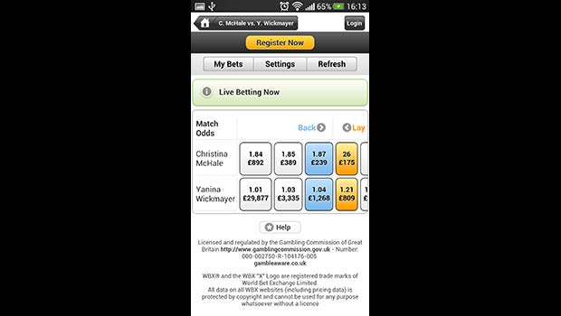 WBX Mobile Betting Exchange Live Betting Tennis Screenshot