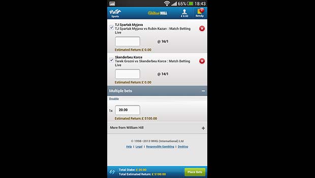 William Hill Mobile Sportsbook Bet Slip Screenshot