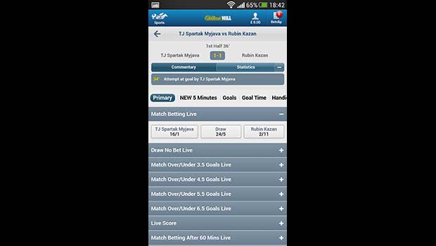 William Hill Mobile Sportsbook In-Play Soccer 2 Screenshot