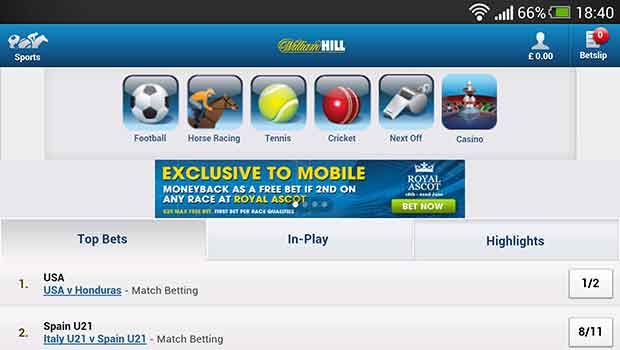 William Hill Mobile Sportsbook Lobby Screenshot