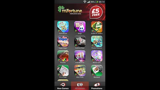 mFortune Mobile Casino Lobby Screenshot